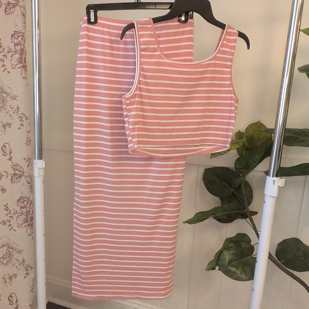 SHEIN Pink and White Striped Skirt Set